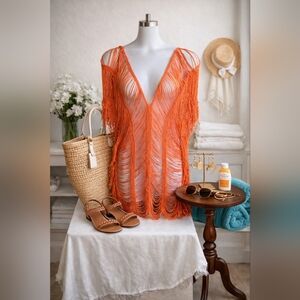 Orange Fringe Crochet Swim Cover-Up 3XL